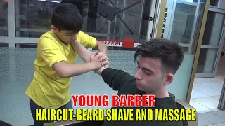 ASMR YOUNG TURKISH BARBER MASSAGE=NECK CRACK=HAIRCUT=BEARD SHAVE=head,back,foot,face,ear,arm massage