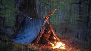 SOLO CAMPAIGN OVERNIGHT in heavy Rain - Relaxing in tent - asmr