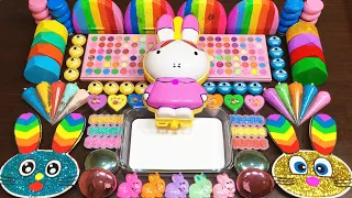 ASMR with RABBIT and RAINBOW !Mixing GLITTER, CLAY Into Glossy Slime satisfying 시나모롤&쿠로미