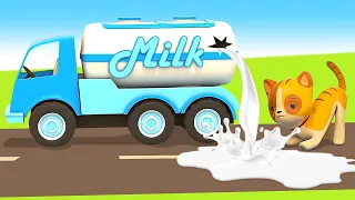 Die Helfer Autos. Milch auf der Straße. Zeichentrickfilme für Kinder