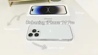 🤍iPhone 14 pro (silver) unboxing | set-up + camera test + accessories! asmr, aesthetic💭
