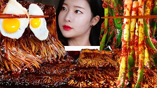 ASMR * BLACK BEAN ENOKI MUSHROOMS & GREEN ONION KIMCHI & FRIED EGGS MUKBANG Eating Show