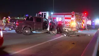 Pickup truck slams into fire truck