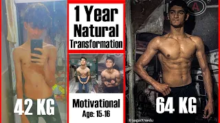 MOTIVATIONAL 1 Year Natural Skinny to Muscle Transformation Story | 15 to 16 year old (english subs)