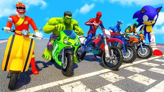 SPIDERMAN & POWER RANGERS w/ ALL SUPERHEROES Racing Motorcycles Event Day Competition Challenge #111