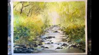 Lois' Simple BEGINNERS Sunlit Woodland Stream Watercolour Landscape, watercolor painting tutorial