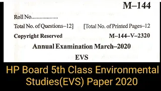 HP Board 5th Class Environmental studies (EVS)(पर्यावरण) Question Paper 2020