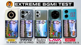 Infinix GT 10 Pro vs Redmi K50i vs Lava Agni 2 vs OnePlus Nord Ce 3 vs Realme 11 Pro BGMI Test