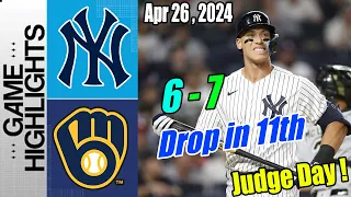 Yankees vs Brewers (ExtraTime Inning 10&11) April 26, 2024 | Yankees Closer Michael Tonkin !