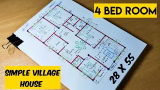 simple 4 bed room village house plan II 28 x 55 ghar ka naksha II 4 bhk house plan