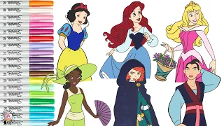 Disney Princess Coloring Book Compilation Snow White Merida Mulan Aurora Ariel and Tiana