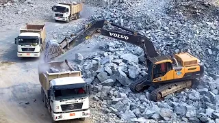 Amazing Excavator Volvo Truck Shacman Works Digging Movingly The Stone Rock