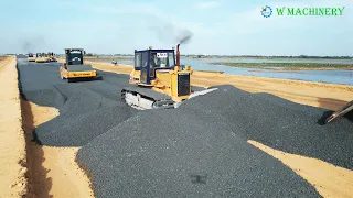 Road Connecting Activities Komatsu Bulldozer Spreading Gravel | Motor Grader Trimming Gravel Skills