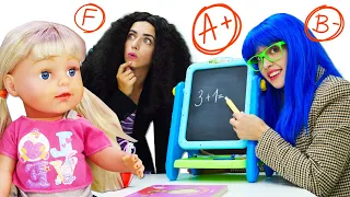 Baby Annabell doll & Disney princess: back to school! Disney princesses pretend play teacher.