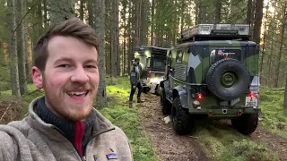 Driving through Sweden's forest trails with a Defender and a 1968 Volvo Valp!