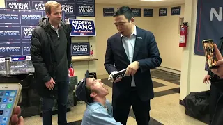 Yang sprays supporters with whipped cream