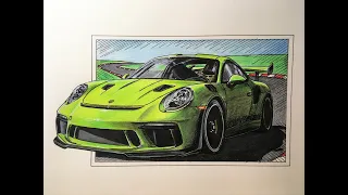 Porsche GT3 RS drawing! Comic style cars! Car drawing! Coloursoft and Polychromos pencils! :-)