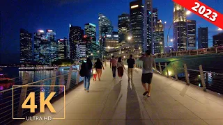 Night Walk in Singapore 🇸🇬 Skyline | Marina Bay | Merlion | 4K | City Centre | Street Walk | 2023