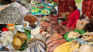 Plenty of Fresh Meats,Vegetables,Cambodian People Lifestyles Local Market. Market tour show morning