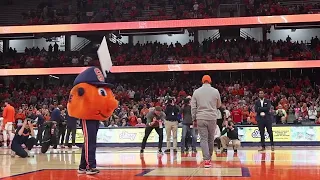 New Syracuse football coach Fran Brown addresses fans at SU-Cornell basketball game