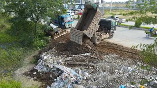 Nice Incredible Bulldozer D20P Push Mud and Trash to Water Nearly Road with 5 Ton Truck Unloading