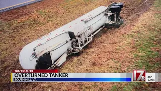 Tanker hauling 10K gallons of propane overturns, closing I-85 near NC/VA border