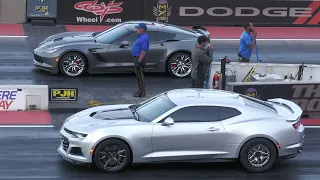 Zl1 Camaro vs z06 Corvette and vs Classic Dodge Challenger - drag racing