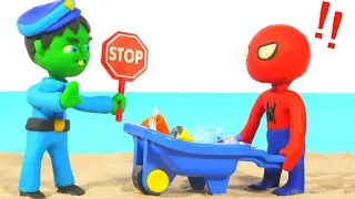 HULK POLICE STOPS SPIDERMAN AT THE BEACH ❤ Spiderman, Hulk & Frozen Play Doh Cartoons For Kids