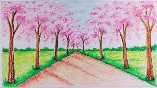 How to draw spring season scenery by oil pastel