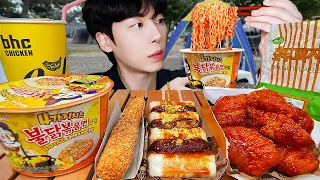 ASMR MUKBANG | 직접 만든 치즈 불닭볶음면 양념치킨 치즈스틱 캠핑 먹방 FRIED CHICKEN AND FIRE NOODLES DESSERT