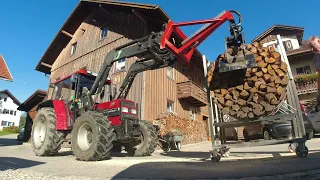 Brennholz schneiden,Stihl 056,Bündelgerät,Kellerschacht ausheben,Case IH,Kettenzug, Firewood storage