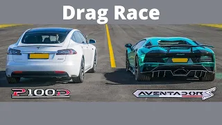 Lamborghini Aventador S v Tesla Model S P100D - DRAG RACE, ROLLING RACE & BRAKE TEST