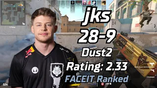 jks (28-9) rt:2.33 (Dust2) | FACEIT Ranked | May 21, 2024 #cs2 #pov