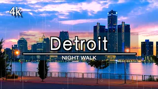 【4K】Downtown Detroit Michigan  Night Rain Virtual Walking Tour (1 Hour and 37 Minutes) | 4K 24FPS