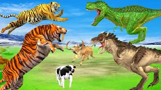 4 Saber-toothed tigers VS T-Rex Dinosaur Attack Cow Videos | Smilodon vs Trex Animal Revolt Tv