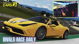 Ferrari 458 at Mugello GP, Italy. Project Cars 3. Platinum Rivals Race Daily Motion Sim + Wheel. 4k