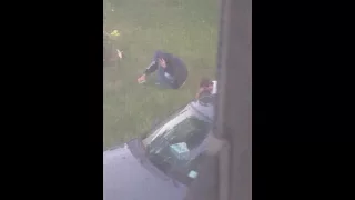 Lawn mower fails neighbor cutting the grass with scissors