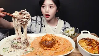 SUB)꾸덕촉촉 함박스테이크에 매콤크림파스타 로제파스타 먹방! 오므라이스까지 양식 리얼사운드 Cream & Rosé Pasta with Hamburg Steak Mukbang