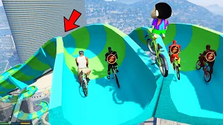 Franklin And Avengers Cycle Water Slide Ramp Jump Challenge With All Flash in GTA 5