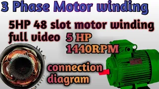 Three phase motor winding | 5HP 48 slot 1440 rpm motor winding & connection diagram|Motor rewinding