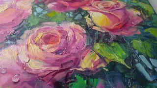 Картина маслом на холсте, цветы: Розовые розы Oil painting on canvas, flowers: Pink roses