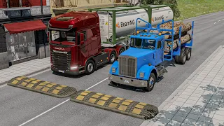 Mixed Color Double Flatbed Trailer Trucks & Super Long City Buses Vs Big Speed Bumps #1 BeamNG Drive