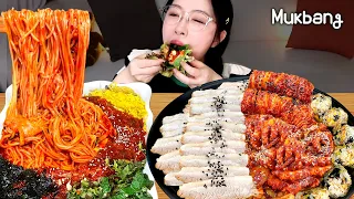 Boiled pork (Bossam) + spicy stir-fried octopus +spicy sweet buckwheat noodles + Kimchi REAL MUKBANG