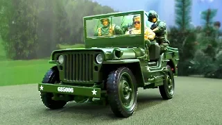 Task Military Base. Scouts and old Willys. Cartoon about soldiers