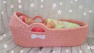 👶ЛЮЛЬКА ДЛЯ КУКЛЫ💛ИЗ ТРИКОТАЖНОЙ ПРЯЖИ С ДЕРЕВЯННЫМ ДНОМ🥰crochet cradle💖Gehäkelte Wiege