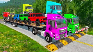 Double Flatbed Trailer Truck vs Speedbumps | Train vs Cars | Tractor vs Train | BeamNG.Drive #60