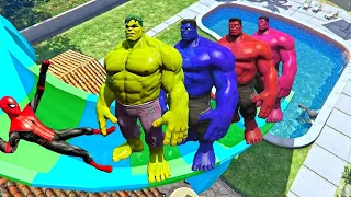 Red Spiderman VS Colorful Hulk Water Slide Water Ragdolls - GTA 5