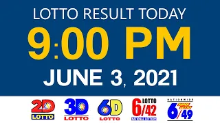 Lotto Results Today June 3 2021 9pm Ez2 Swertres 2D 3D 6D 6/42 6/49 PCSO