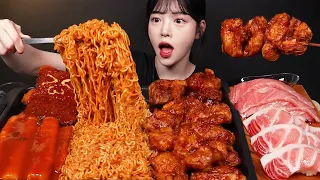 SUB)먹고싶은 거 다 먹는 날!🌟 라면볶이 교촌 레드치킨 가래떡떡볶이에 참치초밥까지 꿀조합 리얼사운드 Tteokbokki Chicken Ramyeon Mukbang Asmr