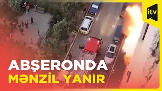 Abşeron rayonunda çoxmərtəbəli yaşayış binasında yanğından görüntülər